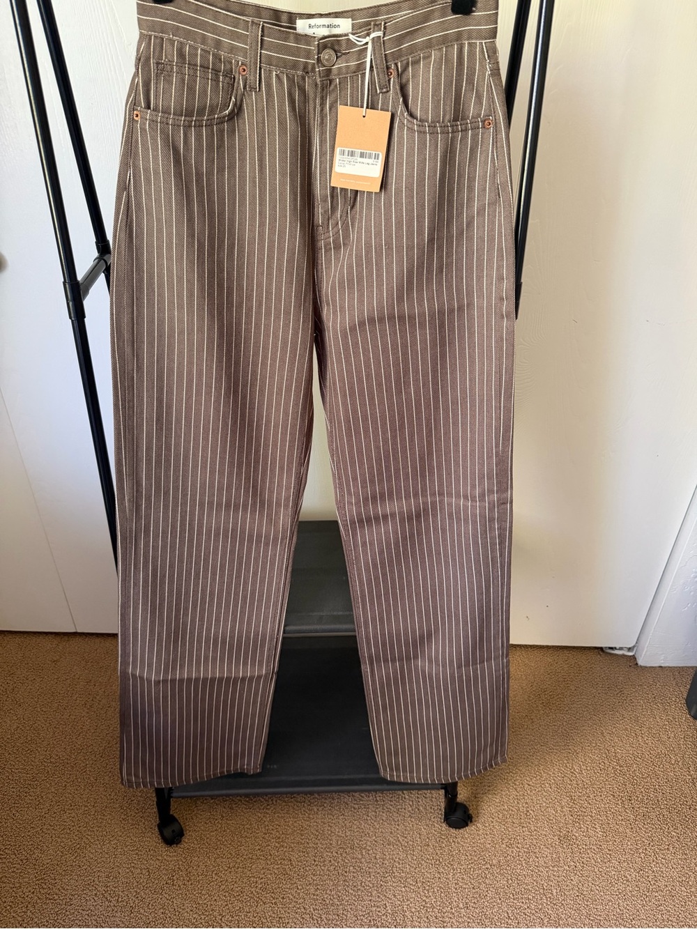 NWT - Reformation Brown Pinstripe Straight Leg Wilder Jean